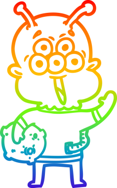 Gökkuşağı gradyanı çizimi mutlu bir çizgi film uzaylısının ay taşı bir insan tarafından çizilmiş.