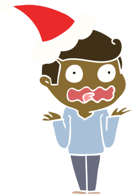 Bir insanın çizdiği Noel Baba şapkasıyla strese girmiş bir adamın el çizimi düz renk çizimi.