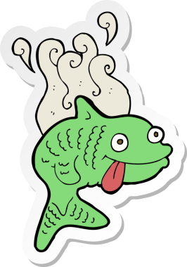 Bir insan tarafından çizilmiş karikatür kokulu balık etiketi.