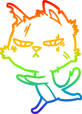 Bir insan tarafından çizilmiş sert bir çizgi film kedisinin gökkuşağı gradyanı çizimi