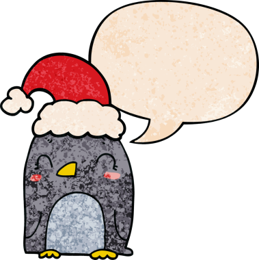 Bir insan tarafından çizilmiş geçmişe dönük konuşma baloncuğu olan sevimli noel pengueni.
