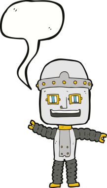 Bir insan tarafından çizilmiş konuşma balonlu çizgi film sallayan robot.