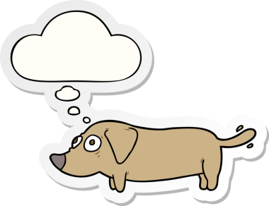 İnsan tarafından çizilmiş bir çıkartma olarak düşünce baloncuğu olan çizgi film köpeği.