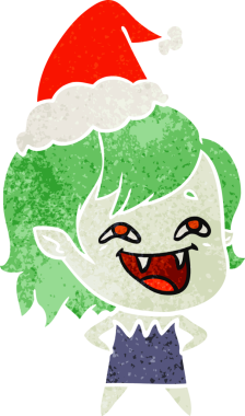 Bir insan tarafından çizilmiş, gülen vampir kız Noel Baba şapkası takıyor.