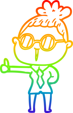 Bir insan tarafından çizilmiş gözlük takan bir karikatür kadının çizimi.