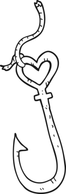 El yazısıyla çizilmiş siyah beyaz karikatür. Aşk kalbi. Bir insan tarafından çizilmiş balık kancası.