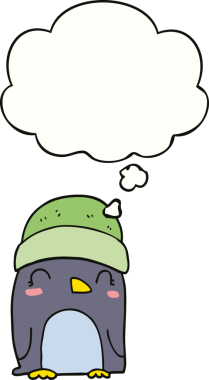 Bir insan tarafından çizilmiş düşünce baloncuklu sevimli penguen.