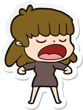 Bir insan tarafından çizilmiş yüksek sesle konuşan bir karikatür kadının çıkartması.