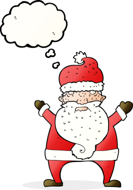 Bir insan tarafından çizilmiş düşünce baloncuklu çirkin noel baba.