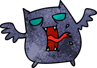 Bir insan tarafından çizilmiş, el yazısıyla çizilmiş sevimli, korkunç kawaii yarasası çizimi.