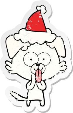 Bir insan tarafından çizilmiş Noel Baba şapkası giymiş, dili dışarı fırlamış bir köpeğin el yazısı.