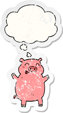 Düşünce baloncuklu çizgi film domuzu bir insan tarafından çizilmiş yıpranmış bir çıkartma.
