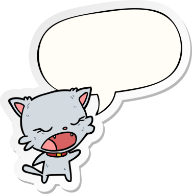 Bir insan tarafından çizilmiş konuşma kabarcığı çıkartmasıyla konuşan sevimli çizgi film kedisi.