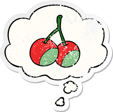 Düşünce baloncuklu karikatür kirazları bir insan tarafından çizilmiş yıpranmış bir çıkartma gibi.