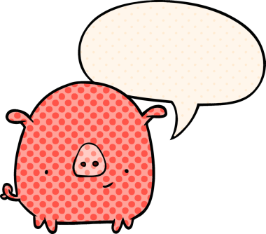 Çizgi roman tarzında konuşan mutlu domuz bir insan tarafından çizilmiş.