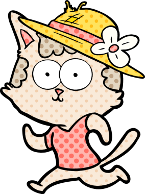 Bir insan tarafından çizilmiş şapkayla koşan mutlu çizgi film kedisi.