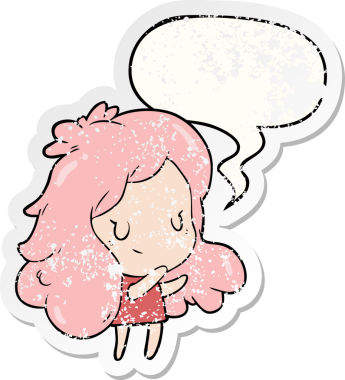 Konuşma baloncuğu olan tatlı bir karikatür kızı bir insan tarafından çizilmiş sıkıntılı eski bir çıkartma