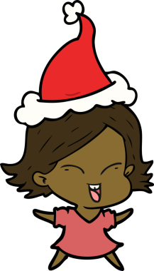 Mutlu el çizimi bir insan tarafından çizilmiş Noel Baba şapkası takan bir kız.