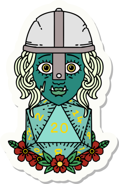 Bir insan tarafından çizilmiş 20 zarlı yarı ork savaşçı karakterinin çıkartması.