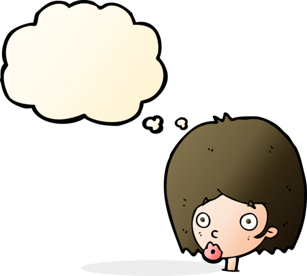 Bir insan tarafından çizilmiş düşünce baloncuğuyla kadın yüzünü şaşırtan çizgi film.