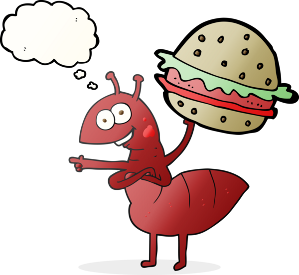 Serbest çizim düşünce baloncuklu karınca insan tarafından çizilmiş yiyecekleri taşıyor.