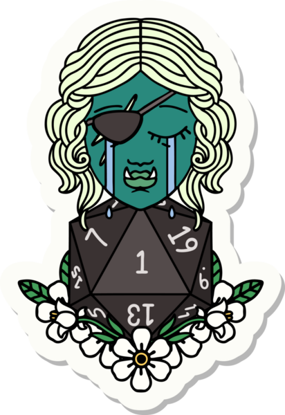 Ağlayan yarı ork haydut bir karakterin çıkartması. Bir insan tarafından çizilmiş doğal bir D20 rulosu.