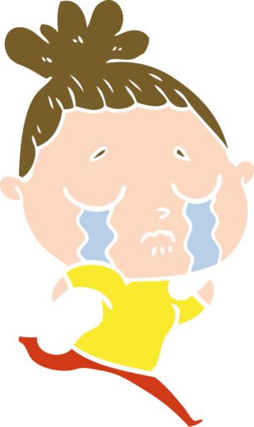 Düz renkli çizgi film karakteri ağlayan kadın bir insan tarafından çizilmiş.