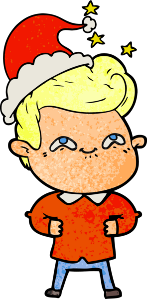 Bir insan tarafından çizilmiş Noel Baba şapkası giymiş heyecanlı bir adamın el çizimi karikatürü.