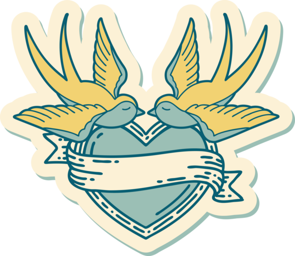 Geleneksel kırlangıç stili dövme çıkartması ve bir insan tarafından çizilmiş sancaklı bir kalp.