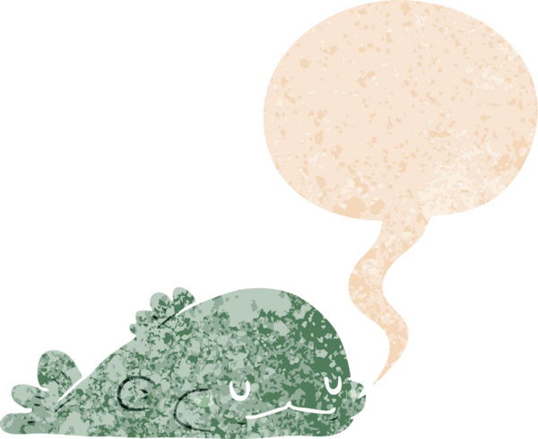 grunge 'da konuşma baloncuğu olan karikatür balığı bir insan tarafından çizilmiş dertli retro stil.