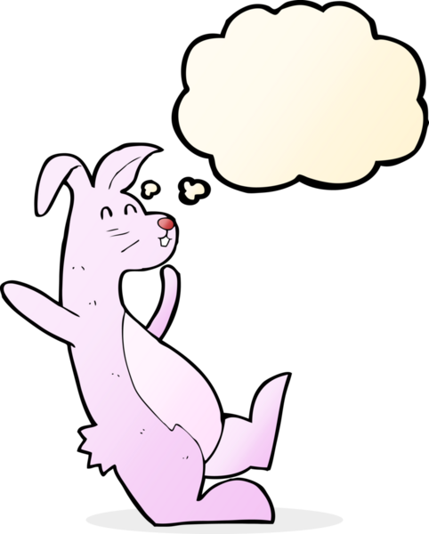 Bir insan tarafından çizilmiş düşünce balonlu pembe tavşancık.