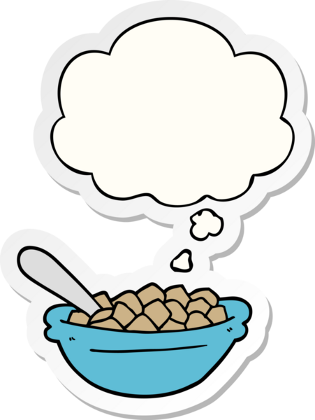 Düşünce baloncuklu mısır gevreği kasesi insan tarafından çizilmiş bir çıkartma.