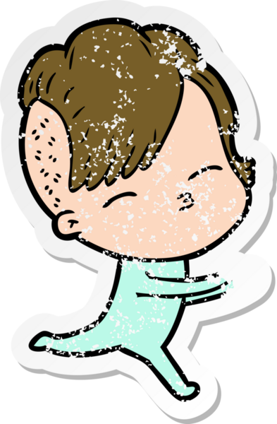 Bir insan tarafından çizilmiş tulumlu bir karikatür kızının sıkıntılı çıkartması.