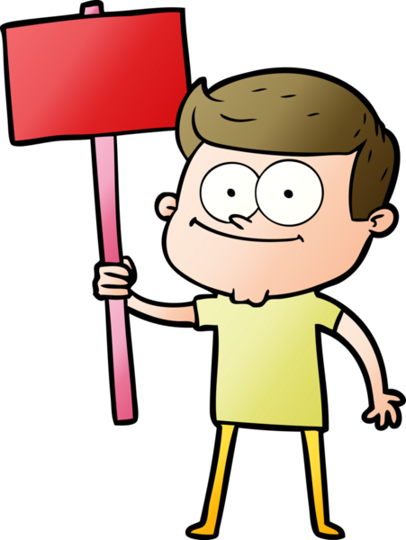 Bir insan tarafından çizilmiş pankartı olan mutlu bir adam.