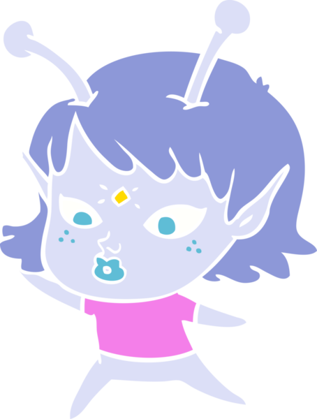 Bir insan tarafından çizilmiş düz renk çizgi film uzaylı kızı.