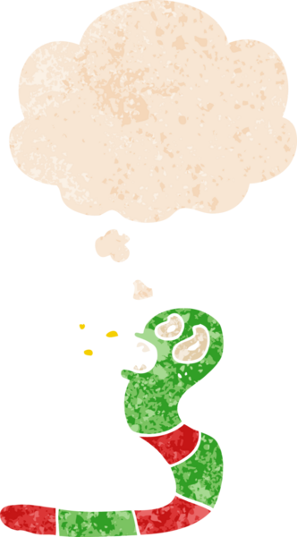 Düşünce baloncuklu karikatür korkmuş solucan bir insan tarafından çizilmiş dertli retro dokuma tarzı