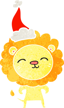 Bir insan tarafından çizilmiş Noel Baba şapkası giyen bir aslanın el çizimi karikatürü.