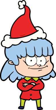 Bir insan tarafından çizilmiş Noel Baba şapkası giyen gülümseyen bir kadının el çizimi.