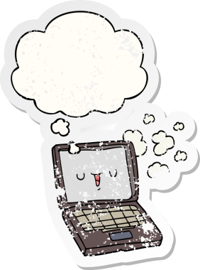 Düşünce baloncuklu çizgi film bilgisayarı bir insan tarafından çizilmiş yıpranmış bir çıkartma.