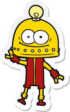 Bir insan tarafından çizilmiş mutlu bir karton robotun çıkartması.