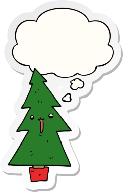 Düşünce baloncuğu insan tarafından çizilmiş bir çıkartma olan karikatür Noel ağacı.