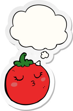 Düşünce baloncuklu çizgi film domatesi insan tarafından çizilmiş bir çıkartma.