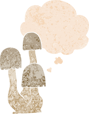 Düşünce baloncuklu çizgi film mantarı grunge sıkıntılı retro desen bir insan tarafından çizilmiş