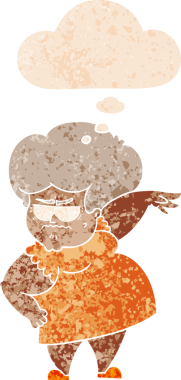 Düşünce baloncuğu olan kızgın yaşlı kadın dertli eski moda bir insan tarafından çizilmiş