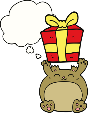 Bir insan tarafından çizilmiş düşünce baloncuğu olan şirin bir çizgi film Noel ayısı.