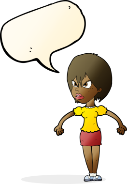 Bir insan tarafından çizilmiş konuşma baloncuğuyla rahatsız bir kadın.