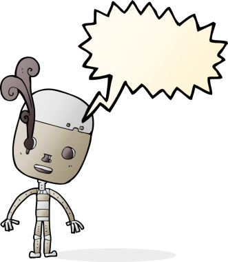 bir insan tarafından çizilmiş konuşma balonlu üzgün robot çizgi filmi.
