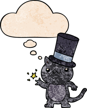 Düşünce baloncuklu silindir şapkalı çizgi film kedisi insan tarafından çizilmiş grunge desenli