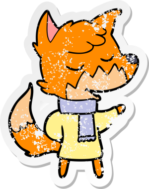 Bir insan tarafından çizilmiş kışlık giysili dost canlısı bir tilkinin sıkıntılı çıkartması.