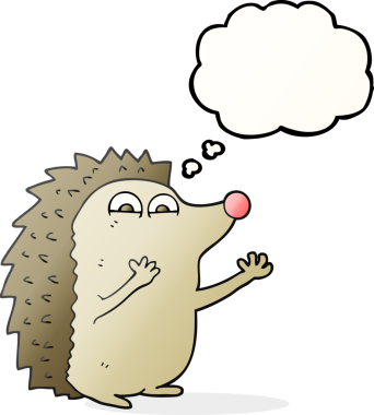 Serbest çizim düşünce balonu karikatürü. Bir insan tarafından çizilmiş şirin kirpi.